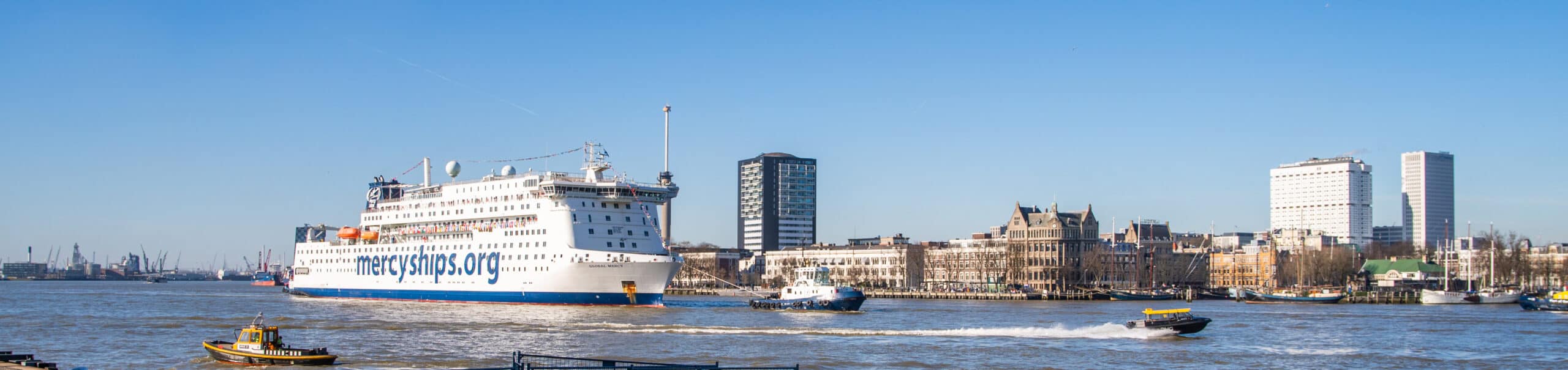 The Global Mercy arriving in the Port of Rotterdam.