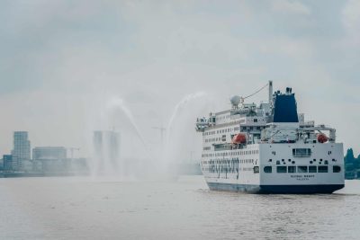 The Global Mercy arriving into the Port of Antwerp in Belgium.